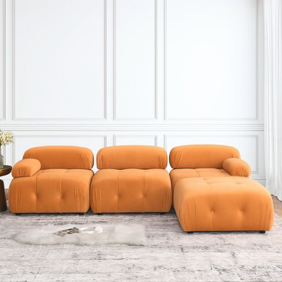 93" Modular Button Velvet/Teddy Fabric Tufted Upholstered Sectional Sofa, L Shaped Sofa with Reversible Ottoman - ModernLuxe