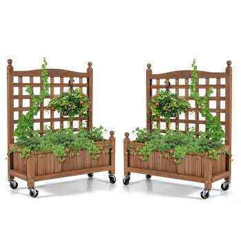 Tangkula 2PC 32in Wood Planter Box with Trellis and Wheels Mobile Plant Raised Bed for Indoor&Outdoor