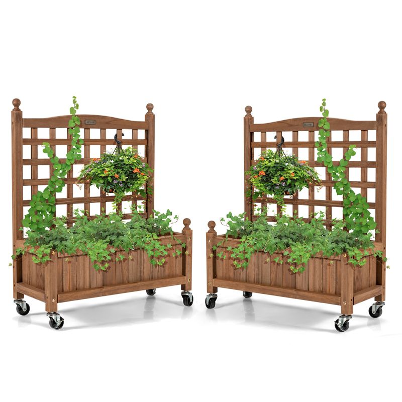 Tangkula 2PC 32in Wood Planter Box with Trellis and Wheels Mobile Plant Raised Bed for Indoor&Outdoor, 1 of 10
