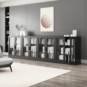 36"x124"x16" Black Sideboard Cabinet, Storage Organizer with Adjustable Shelves and Glass Doors for Kitchen Bedroom Living/Dinning Room - 1 of 4
