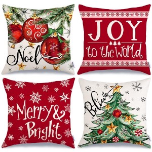 Christmas Pillow Covers 18x18 Inch Set of 4, Xmas Decorations Tree Balls Merry and Bright Joy to The World - 1 of 4