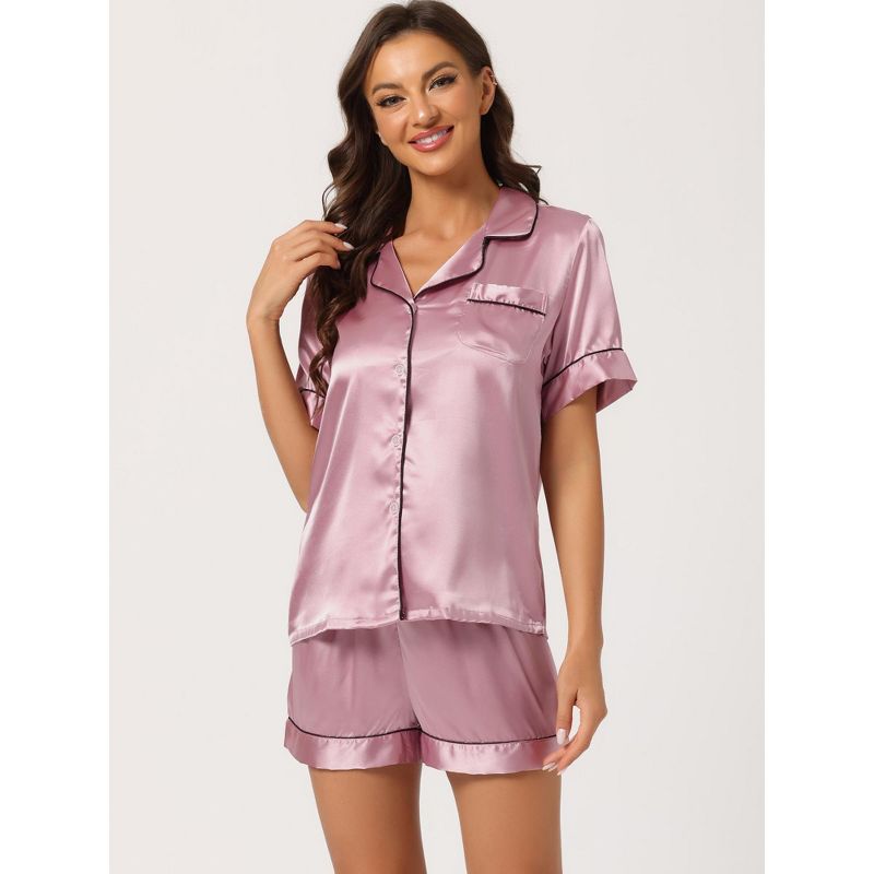 cheibear Women's Satin Button Down Sleepwear Shirt with Shorts Pajama Sets, 3 of 7