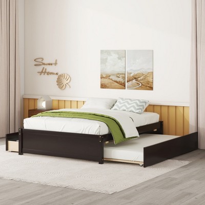 VASIP Espresso Full Size Bed Frame with Twin Trundle & 2 Storage Drawers -Space-Saving Design for Bedroom