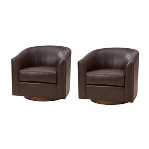 Set of 2 Molly Modern 360-degree Swivel Barrel Genuine Leather Chair with Solid Wood Base|ARTFUL LIVING DESIGN - 1 of 4