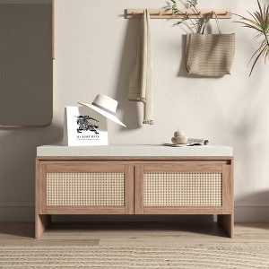 ORRD PP Rattan Storage Bench with Cushion - 2-Door Faux Rattan Shoe Cabinet, Mid-Century Wood, Natural - 1 of 4