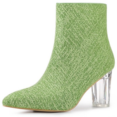 Allegra K Women's Zip Closure Pointed Toe Clear Block Heel Halloween Glitter Ankle Boots
