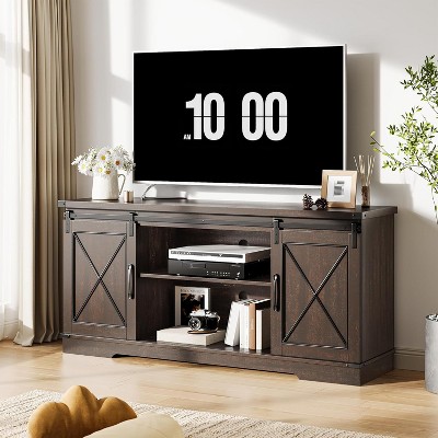 Homhougo Farmhouse TV Stand for TV up to 65 Inches, Entertainment Center with Sliding Barn Doors and Adjustable Shelf, Brown
