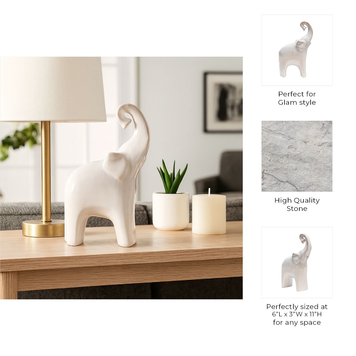 Sagebrook Home 11" Ceramic Elephant Sculpture - Contemporary Elephant Statue for Home or Office Decor - thumbnail 5