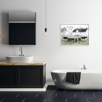 Laundry Day Rural Cows Meadow White Framed Canvas Print