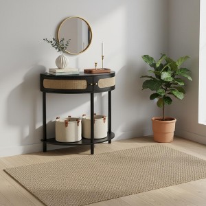 FurnitureR Half-Moon Entryway Table with Rattan Front, MDF Top & Solid Wood Legs, 31.5" Console Table with Storage Drawer for Hallway Living Room - 1 of 4