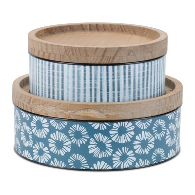 Metal Patterned Canister with Natural Wood Lid (Set of 2)