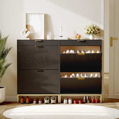 Fluted Shoe Storage Cabinet with 2 Flip Drawers & Pull-Out Drawer & Hook, Wooden Slim Shoe Organizer, Hidden Shoe Storage for Entryway