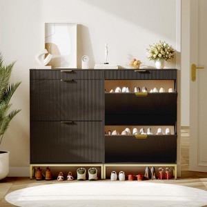 Fluted Shoe Storage Cabinet with 2 Flip Drawers & Pull-Out Drawer & Hook, Wooden Slim Shoe Organizer, Hidden Shoe Storage for Entryway - 1 of 4