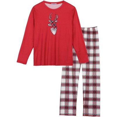 cheibear Christmas Elk Print Tops with Plaid Pants Xmas Sleepwear Family Pajama Set