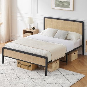 Full Bed Frame Boho Style with Rattan Headboard, Platform Bed Frame with Strong Metal Slat Support, No Box Spring Needed, Black and Oak Finish - 1 of 4