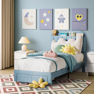 Twin Size Upholstered Platform Bed Frame with Storage Headboard & Under-Bed Drawer, Velvet Bed with Sturdy Metal Slats