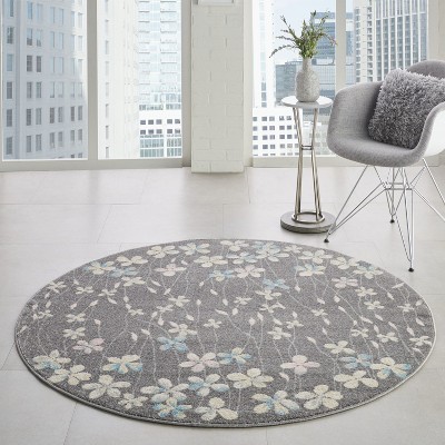 Handmade Round Grey and Beige Floral Synthetic Area Rug