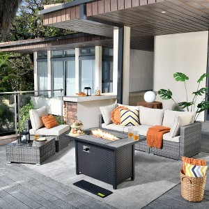 Venice 6pc Wicker Outdoor Patio Furniture Set Conversation Sofa with a Metal Fire Pit and Cushions - 1 of 4