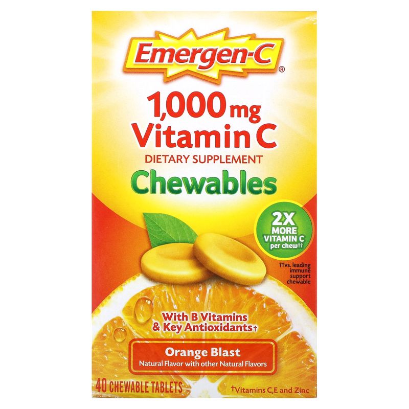 Emergen-C Vitamin C Chewables, Orange Blast, 1,000 mg, 40 Chewable Tablets (500 mg per Tablet), 1 of 4