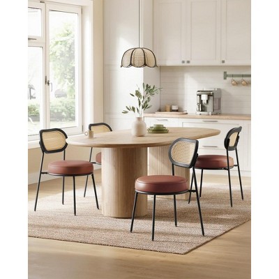 Brown Upholstered Rattan and Cane Dining Chairs with Black Steel Legs