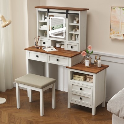 APRILSOUL 46.5'' Farmhouse Makeup Vanity Desk with Adjustible LED Lighted Mirror and Charging Station for Bedroom