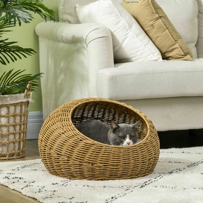 Small Light Brown Rattan Wicker Cat Bed with Cushion