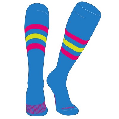 PEAR SOX Striped OTC Baseball, Softball, Football Socks (H) Neon Blue, Hot Pink, Neon Yellow (S)