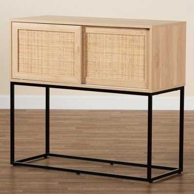 Amelia 42.9" Natural Brown Wood and Black Metal Rattan Sideboard