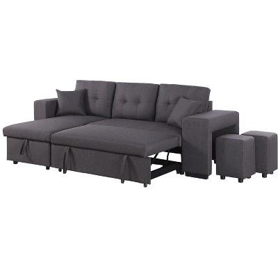 LOVMOR 95Inch L-Shape Linen Reversible Sleeper Sectional Sofa with Ottoman, Storage-Armrest and Storage Chaise for Living Room, Home Furnitur