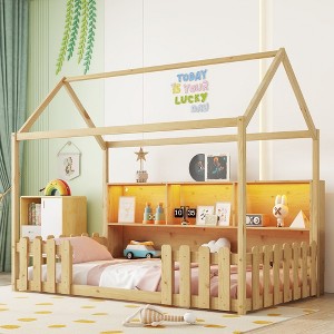 SeaCamel All-in-One Twin House Bed: Complete with LED Light, Bookshelf Storage & Safety Guardrails in Natural Wood - 1 of 4