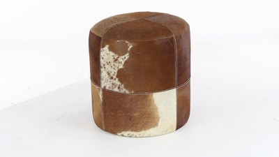 Handmade Patchwork Leather Cylinder Ottoman in Brown - 16" x 16" x 16"