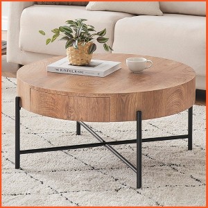 Round Coffee Table with Drawers Circle Living Room Table Wood Accent Coffee Table with Storage Vintage Center Table - 1 of 4