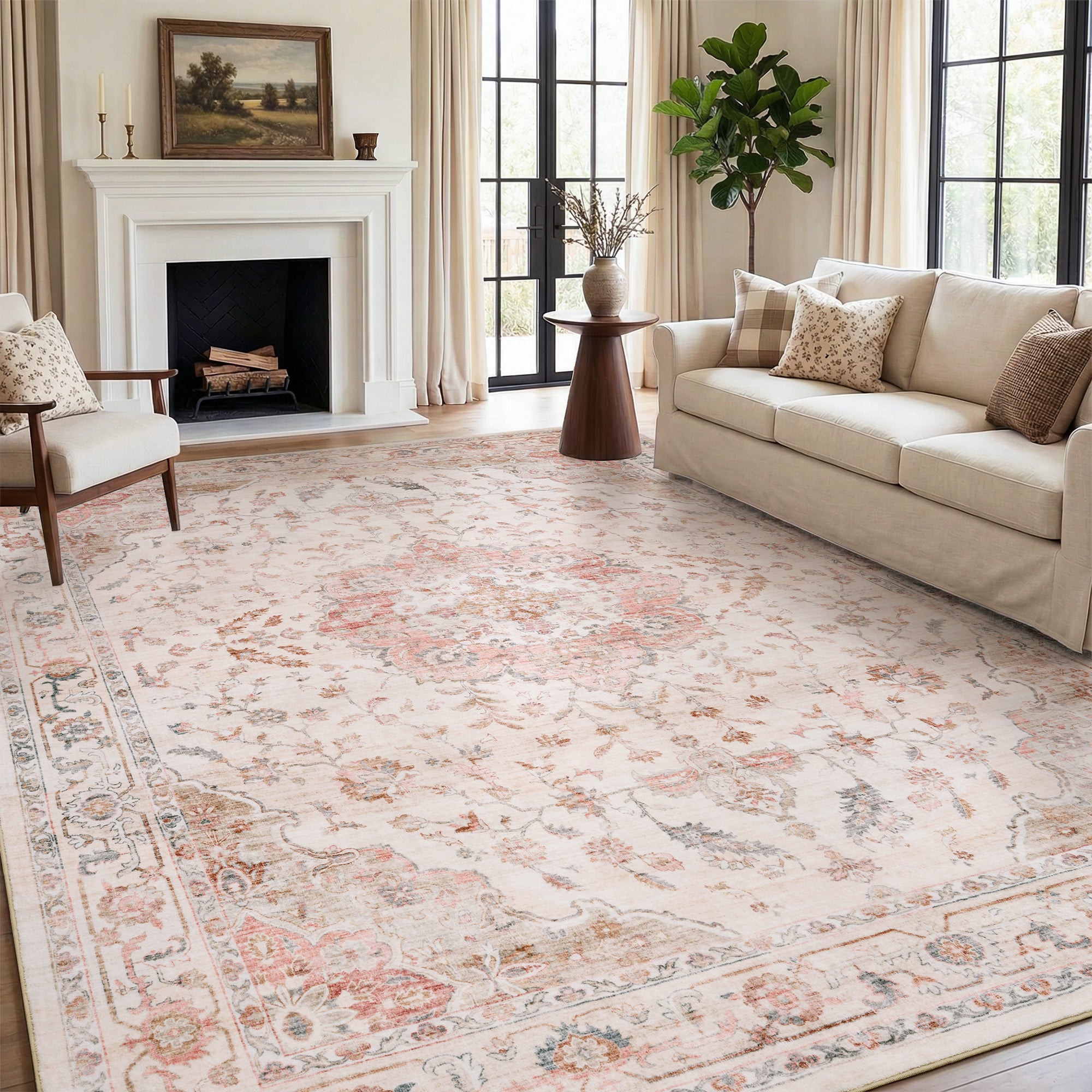 MontVoo Vintage Floral Medallion Washable Rug Pink 8'x10'