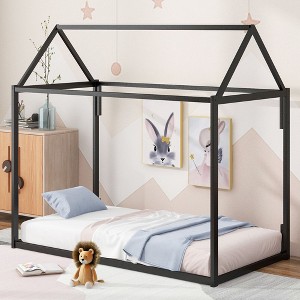 NicBex Twin Size Platform Bed 76.6" L Modern House-Shaped Metal Bed Frame for Bedroom, Guest Room, No Box Spring Required - 1 of 4