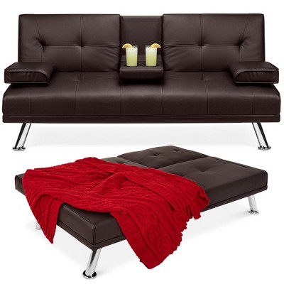 Best Choice Products Modern Faux Leather Convertible Futon Sofa w/ Removable Armrests, Metal Legs, 2 Cupholders