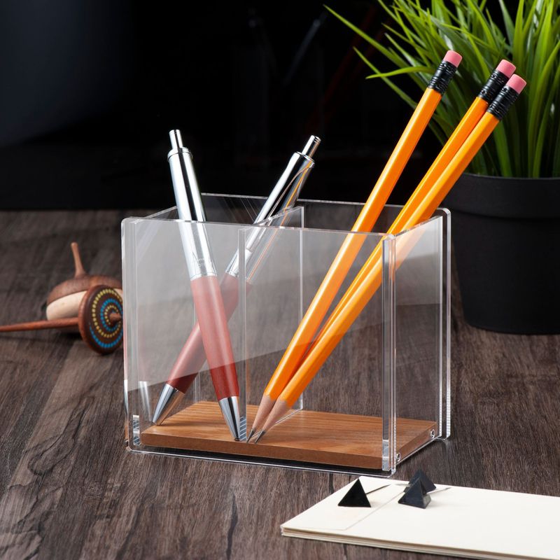 ZODACA Divided Clear Acrylic Wood Base Pen Holder, 2 of 6