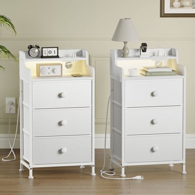 WOWLIVE Nightstand With 3 Drawers & 2-Tier Open Shelf,  Bedside Table With LED&  2 USB Ports,  Stable Metal Frame