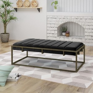 EHMKNP Upholstered Velvet Ottoman Bench with Brass Finish, Black - 1 of 4