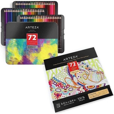 Arteza Adult Coloring Bundle - Animal Illustrations Coloring Book and 72 Watercolor Pencils (ARTZ-BNDL108)