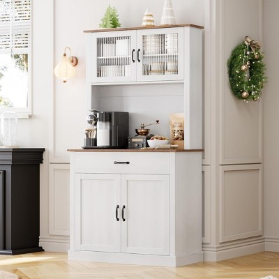 71" Kitchen Pantry Cabinet with Microwave Stand - Freestanding Coffee Bar Storage with Glass Doors & Adjustable Shelves for Dining Room white