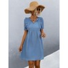 Coolmee Women Summer Mini Dress Drawstring V-Neck Puff Short Sleeve Short Sundress XL Blue - 2 of 4