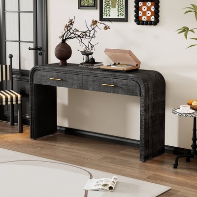 VYNXARIA Unique Retro Silhouette Console Table with Open Style, Two Top Drawers for Entrance, Dinning Room, Living Room (Antique Black)