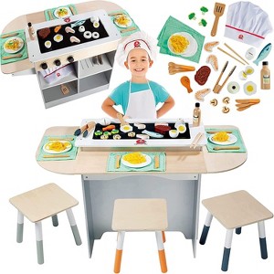 Hibachi Grill Wooden Kids Playset w/ Stools, Table Settings and Over 25 Toy Food Pieces - Noodles, Tongs, Meats, Veggies - Everything Your Little Chef - 1 of 4