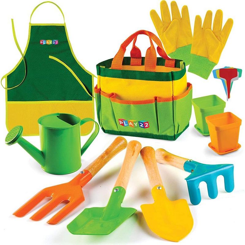 Kids Gardening Tool Set 12 PCS - Kids Gardening Tools with Shovel, Rake, Fork, Trowel, Apron, Gloves Watering Can and Tote Bag - Play22usa, 1 of 10
