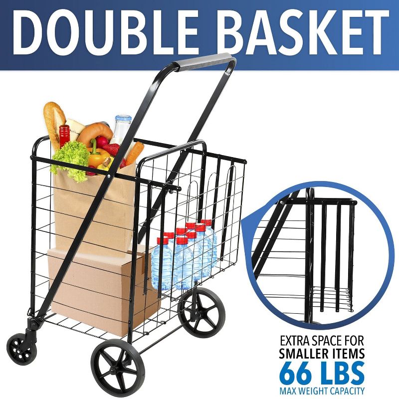 Mount-It! Rolling Utility Shopping Cart for Groceries and Other Supplies - Portable Grocery Cart with Double Baskets and Dual Swiveling Wheels, 4 of 6