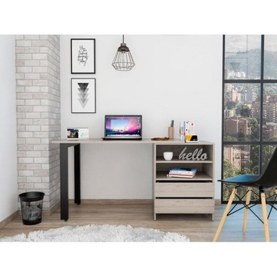 Vynxaria Light Gray Desk Computer Desks with Dual Legs Double Drawers Two Shelves Modern Minimalist Office Home Furniture for Space
