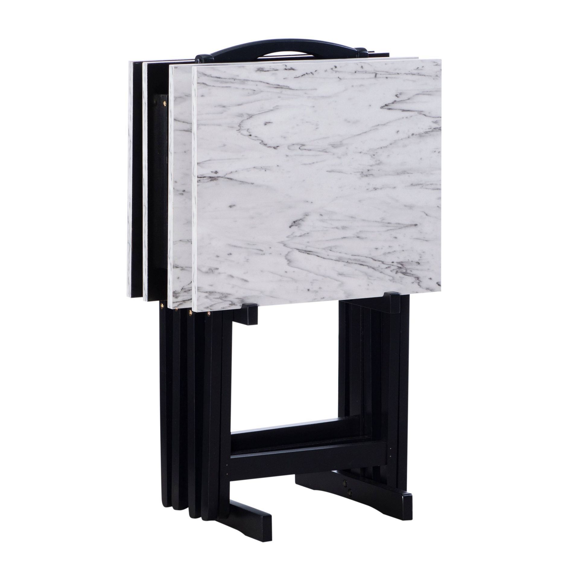 Linon 4pc 26.4" Talia TV Tray Table Set Faux Marble with Storage Rack White