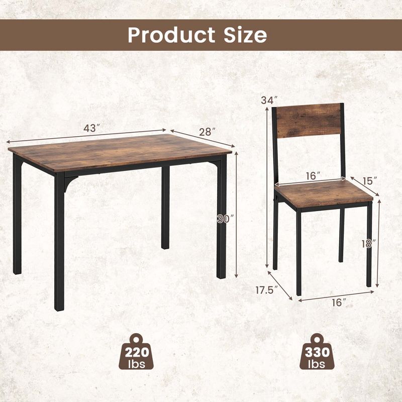 Costway 5 Piece Dining Table Set Industrial Style Kitchen Table & Chairs for 4 Brown, 3 of 11