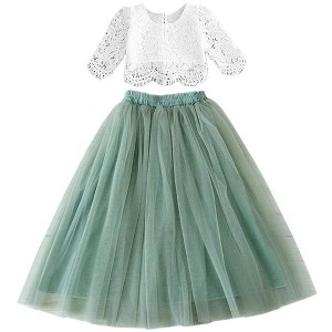 2Bunnies 2 Piece Lace Top Tulle Skirt Boho Rustic Flower Girl Dress Set - 1 of 4