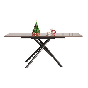 Gulches 59" Expandable Modern Dining Table, Black Sandblasted Glass Top & Carbon Steel X-Base, Retractable Leaf for 4-6 People, Small Spaces - 1 of 4
